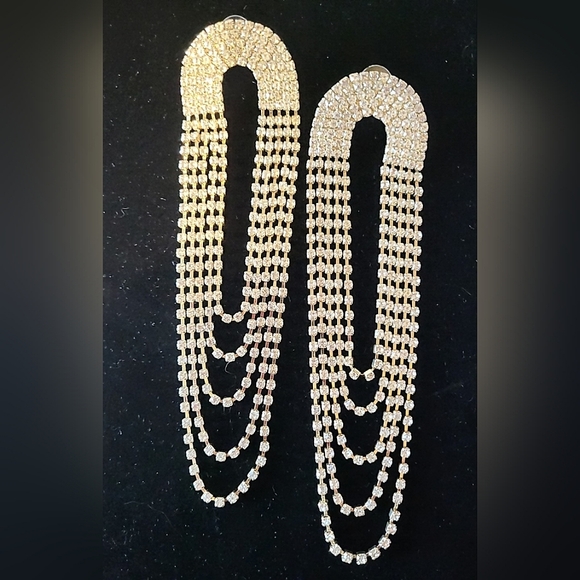 SUPER LONG RHINESTONE EARRINGS - ALL PRONG-SET BLING - Picture 7 of 7